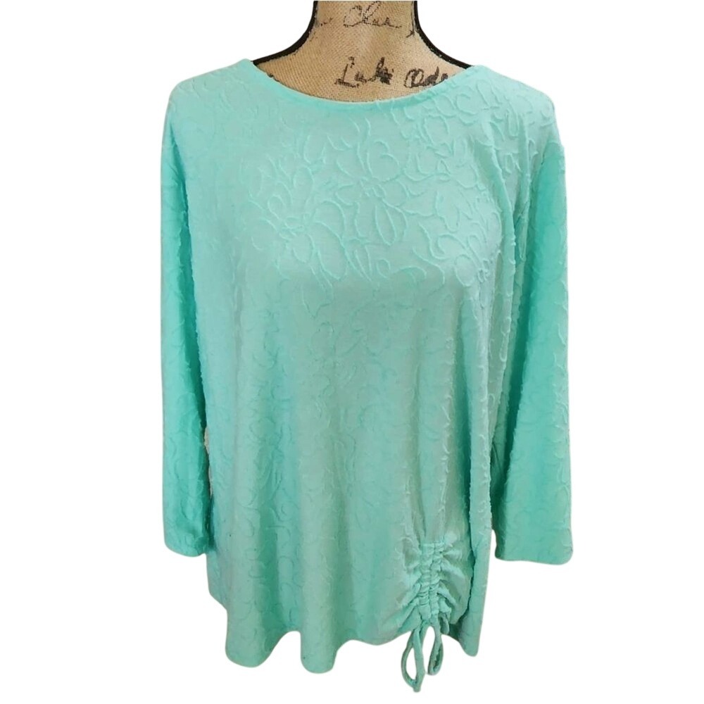 Laura Scott aqua tied waist long sleeve embossed shirt plus size‎ 1X